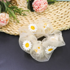 Hot selling New Style Organza Embroidery Print Daisy Hair Scrunchies for girls
