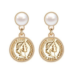 New Design INS Hot Vintage Round Irregular Pearl Baroque Head Coin Earrings