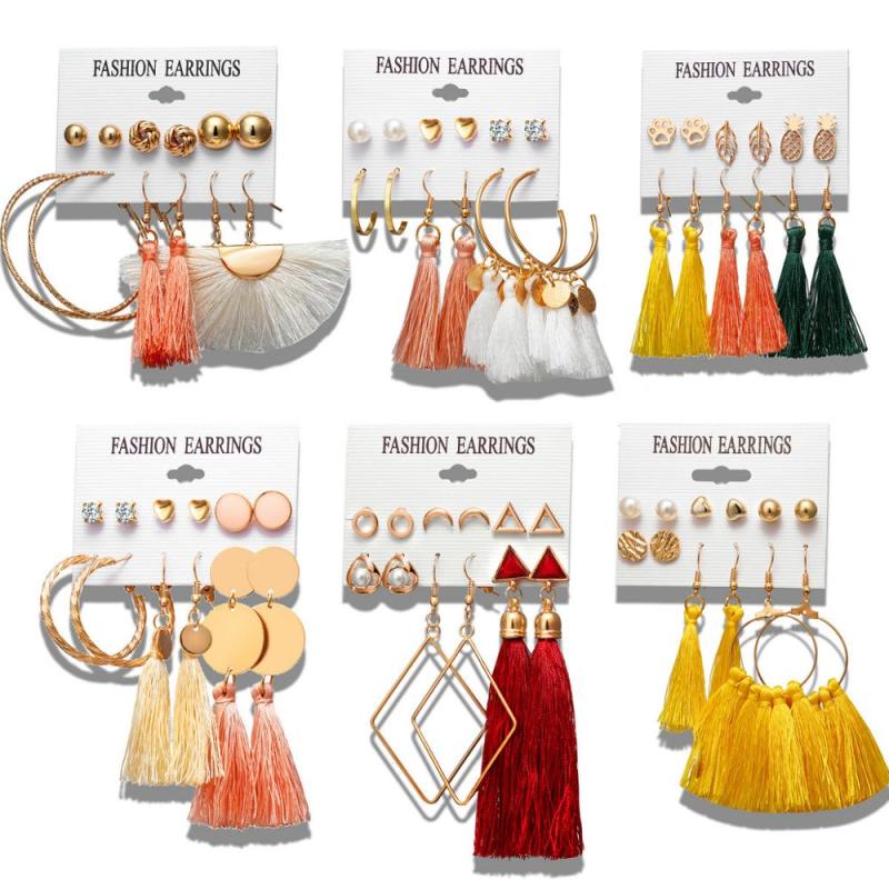 vintage ins Bohemian long earring set Charm thread yellow drop Acrylic tassel Earring vintage ins Bohemian long earring set Charm thread yellow drop Acrylic tassel Earring