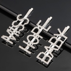 Custom Glitter Word Fashion Pearl Rhinestone Women Crystal Letter Clip Hair Pins