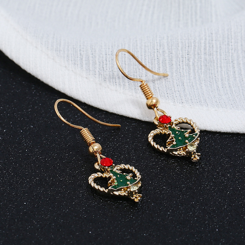 Luxurious gold heart women paint alloy rhinestone christmas tree hook earrings
