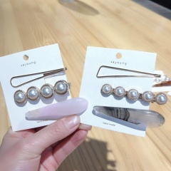 Top quality headwear wild ins marble pattern pink pearl horsetail hair clip set