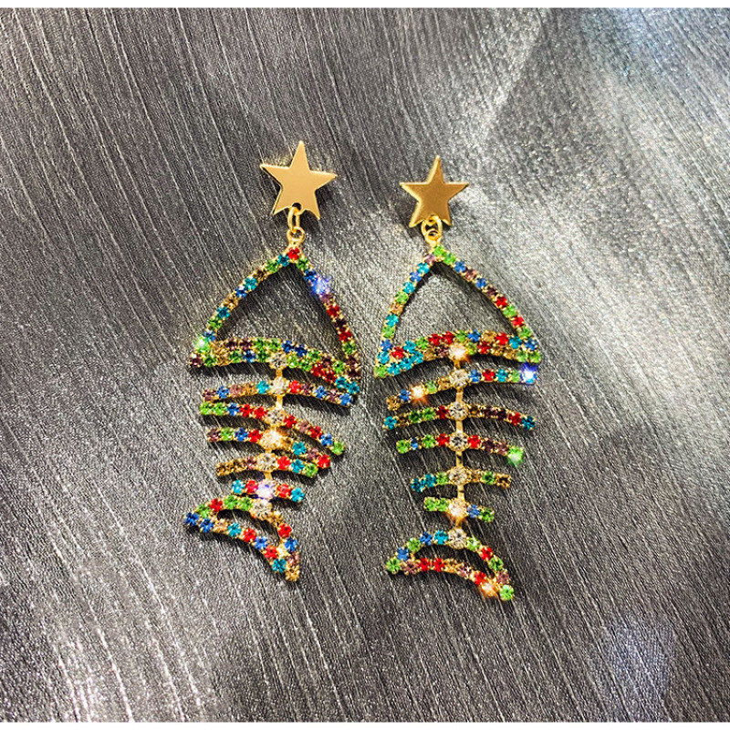 Korean fashion personality fishbone and cat bling bling long colorful crystal earrings for female