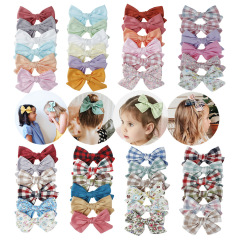 Amazon hot sale 6pcs/set printed plaid solid color mix girls kids bowknot hair clips for children