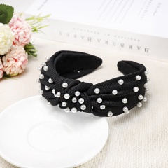 Pearl knotted headband solid color sweet fabric girl wide elastic hair band for women