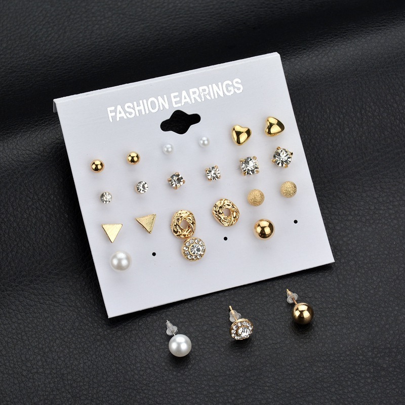 12 pcs alloy zircon earrings with diamond round heart stud earring sets