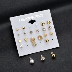 12 pcs alloy zircon earrings with diamond round heart stud earring sets