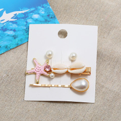 Summer girls faux pearl earrings stud and starfish crystal shell hair clip sets for women