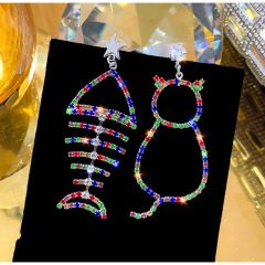 Korean fashion personality fishbone and cat bling bling long colorful crystal earrings for female