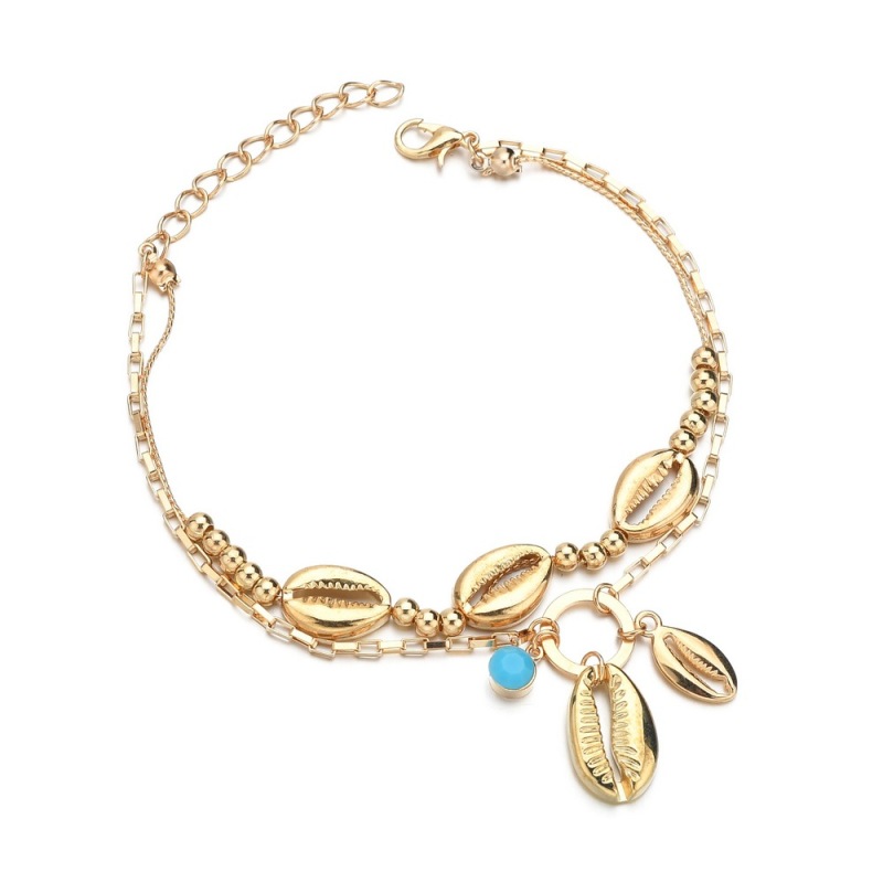 Bohemian personality handmade double layer gold beaded metal shell anklets Bohemian personality handmade double layer gold beaded metal shell anklets