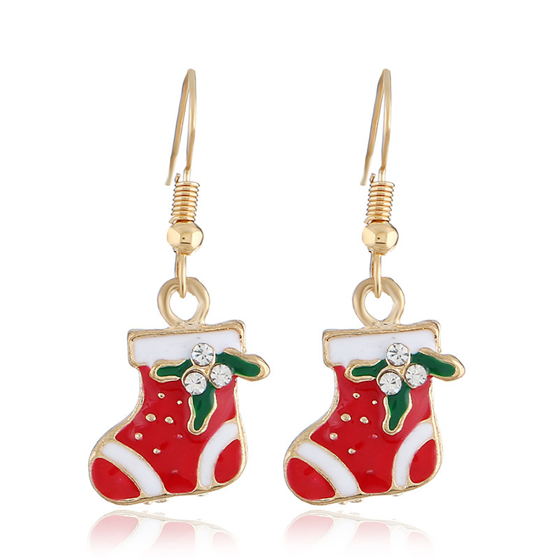Trendy new rhinestone alloy oil drip paint christmas stocking women hook earrings Trendy new rhinestone alloy oil drip paint christmas stocking women hook earrings