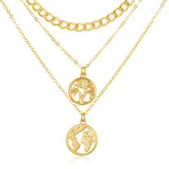 wholesale Amazon ins fashion life tree map gold long chain choker 3 multi layered necklace for women lady girls wholesale Amazon ins fashion life tree map gold long chain choker 3 multi layered necklace for women lady girls