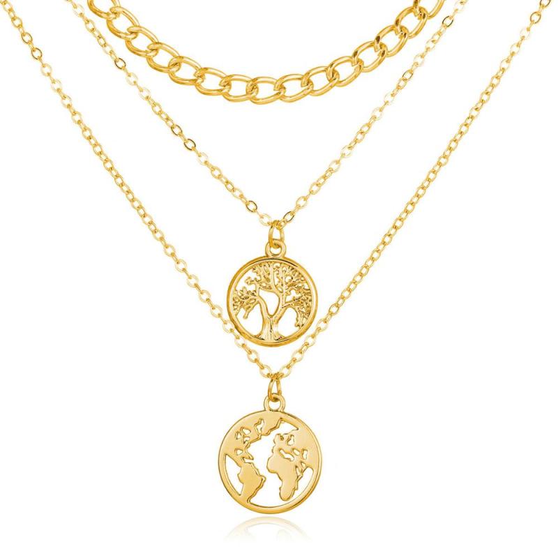 wholesale Amazon ins fashion life tree map gold long chain choker 3 multi layered necklace for women lady girls wholesale Amazon ins fashion life tree map gold long chain choker 3 multi layered necklace for women lady girls