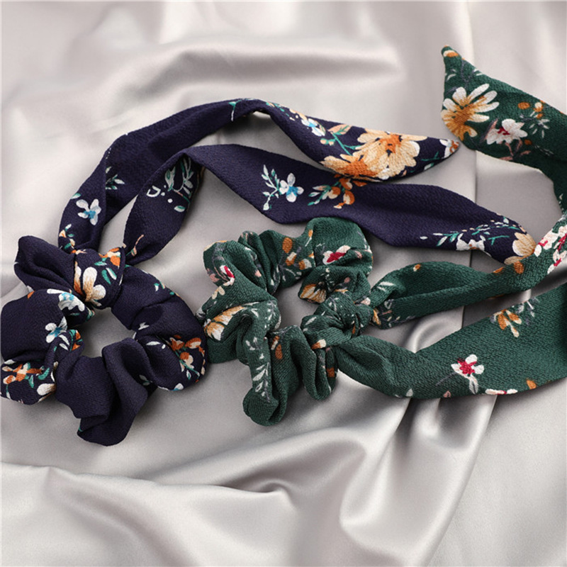 women Bohemia Long ribbon scrunchies elastic band print satin scrunchies hair ties