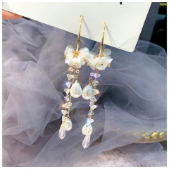fashion jewelry women flower faux pearl crystal long tassel earrings for party or wedding