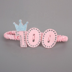 Ins hot sale pink color 100-day hair band rhinestones bows girl birthday crown head band jewelry