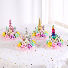 New chidren party 3d flower lace crown glitter bling unicorn headbands