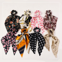 New style custom rabbit ear printed floral elastic ribbon scrunchies hair ties for girls