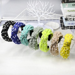 Pearl knotted headband solid color sweet fabric girl wide elastic hair band for women Pearl knotted headband solid color sweet fabric girl wide elastic hair band for women