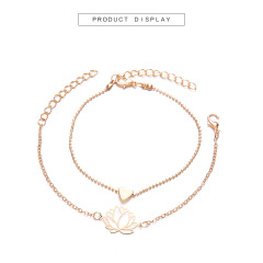 2pcs/set Female Bohemia Gold Hollow Lotus Love Heart Chain Bracelet Set