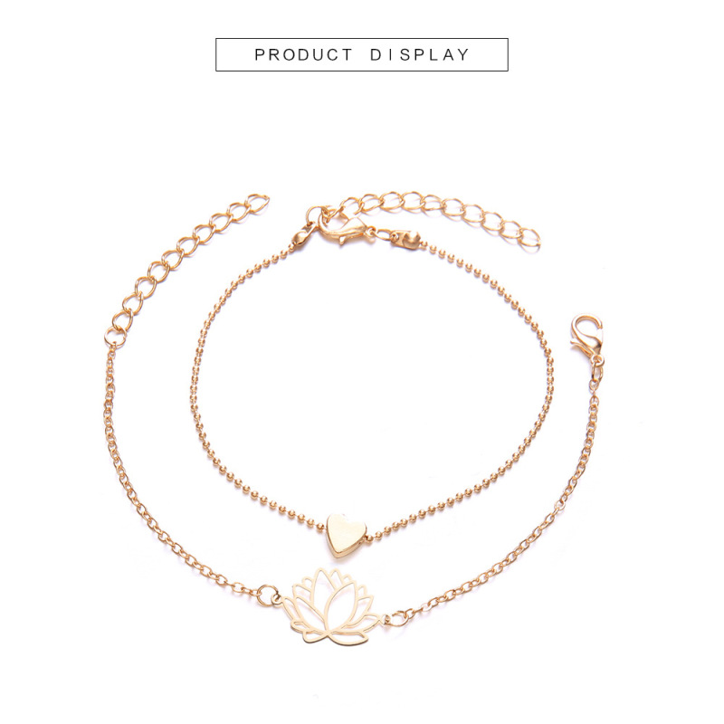 2pcs/set Female Bohemia Gold Hollow Lotus Love Heart Chain Bracelet Set 2pcs/set Female Bohemia Gold Hollow Lotus Love Heart Chain Bracelet Set
