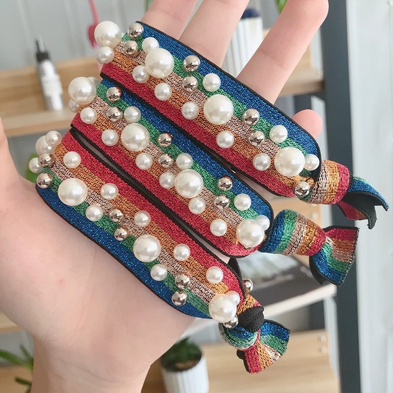 Women Bead Rainbow Glittering Pearl hair cord Accessor Elastic hair bands