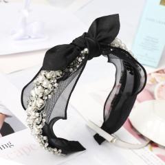 Yiwu hair accessories hot black lace bow gray pearl beads headbands