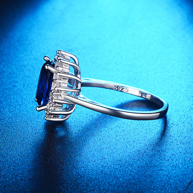 White Gold Plated Zirconia Prong Setting Round Cut Blue Sapphire Engagement Ring