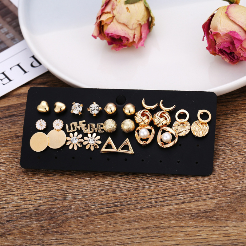 New 14pcs/set Gold-color Crystal Letter Moon Flower Rhinestone Small Stud Earrings