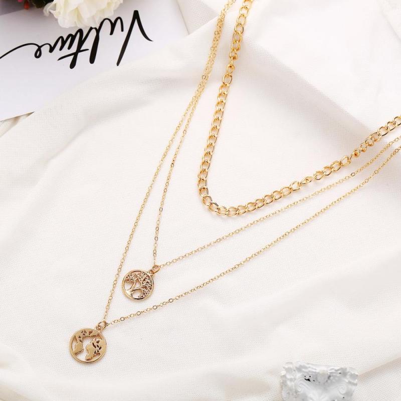 wholesale Amazon ins fashion life tree map gold long chain choker 3 multi layered necklace for women lady girls wholesale Amazon ins fashion life tree map gold long chain choker 3 multi layered necklace for women lady girls