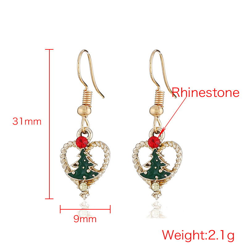 Luxurious gold heart women paint alloy rhinestone christmas tree hook earrings