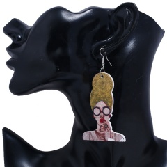 2020 new arrival fashion human head glasses girl geometric big round wooden earring