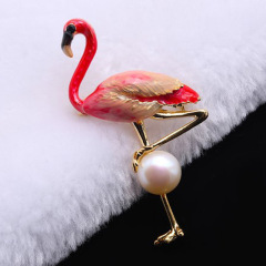 new INS amazon korean fashion wholesale bulk girl women school real pearl flamingo brooches cartoon for cloth suit shirt