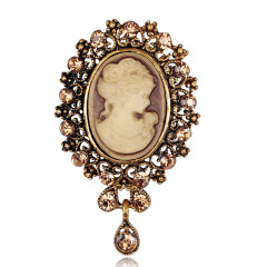 Gothic Vintage Women Accessories Lady Cameo Pendant Crystal brooches with Beauty Head