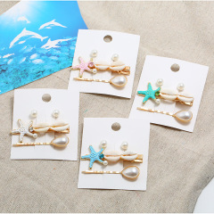 Summer girls faux pearl earrings stud and starfish crystal shell hair clip sets for women