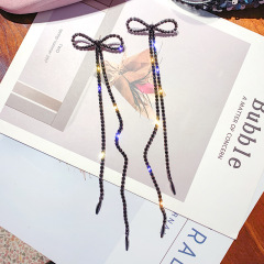 Fashion jewelry extra crystal long chain tassel bow earrings for women