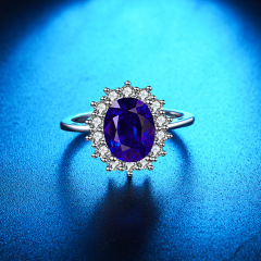 White Gold Plated Zirconia Prong Setting Round Cut Blue Sapphire Engagement Ring