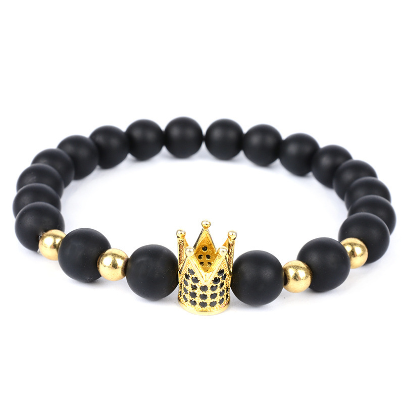 2020 New Arrival 8mm Black Natural Stones Rhinestone Men Crown Bead Bracelet For Gifts