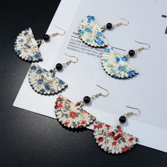 Korean temperament personality prendent pearl tassel wooden fan earrings for women