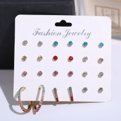 12pcs/set Creative retro fashion simple C type colorful crystal earrings for girls