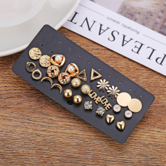 New 14pcs/set Gold-color Crystal Letter Moon Flower Rhinestone Small Stud Earrings