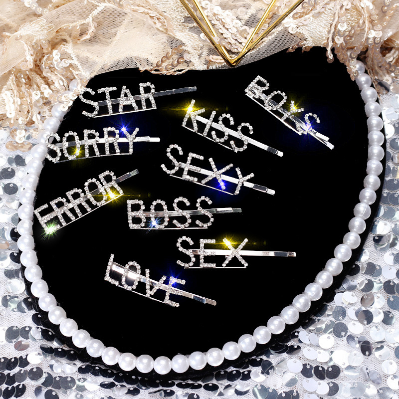 Silver crystal rhinestone Hair Accessories Barrettes women diamond letter hair clips