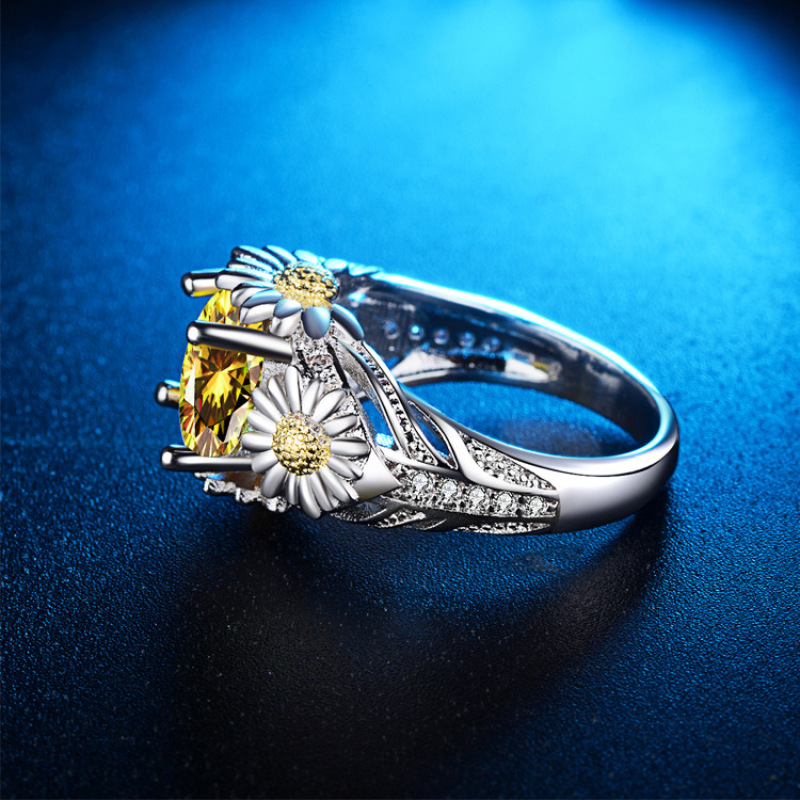 White Gold Plated Crystal Diamond Ring Pave Setting Yellow Cubic Zircon Ring