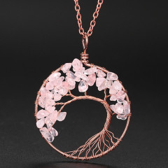 wholesale Amazon ins  Handmade Jewelry Charms Tourmaline Natural crystal Stone tree of life Round Pendant Necklace for women