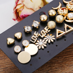 New 14pcs/set Gold-color Crystal Letter Moon Flower Rhinestone Small Stud Earrings
