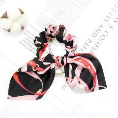 Bulk Custom Women Chiffon Elastic Bowknot Hair Ties Ponytail Holder Silk Scrunchies with Pearls