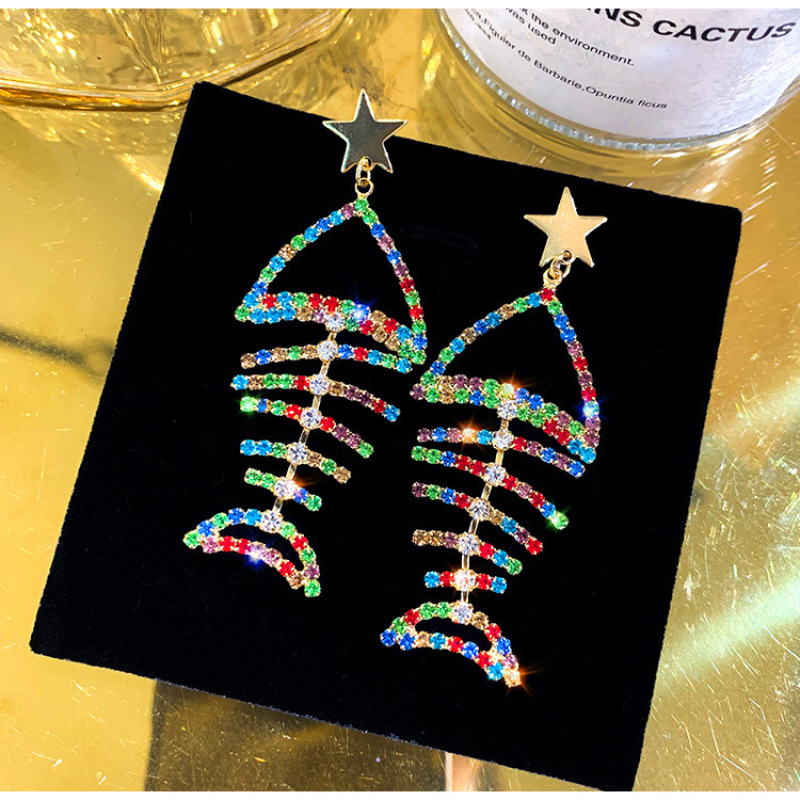 Korean fashion personality fishbone and cat bling bling long colorful crystal earrings for female