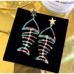 Korean fashion personality fishbone and cat bling bling long colorful crystal earrings for female