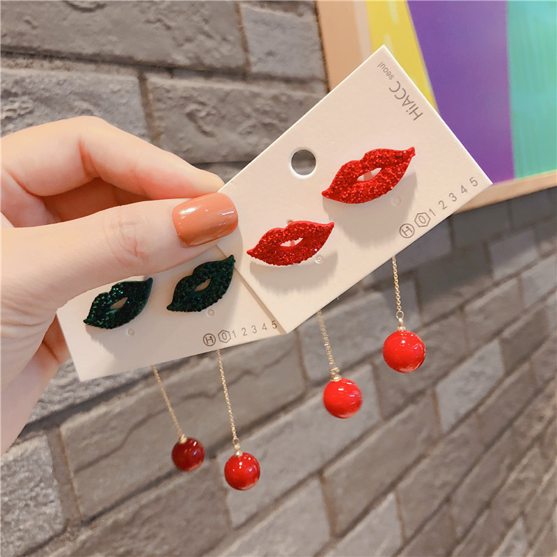 Fashion statement jewelry bling sequin pearl red lips kiss drop earrings for women Fashion statement jewelry bling sequin pearl red lips kiss drop earrings for women