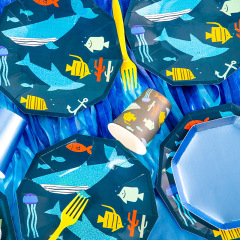 Bule Disposable Tableware supplies boy Kids whale sea animal party cutlery paper plates